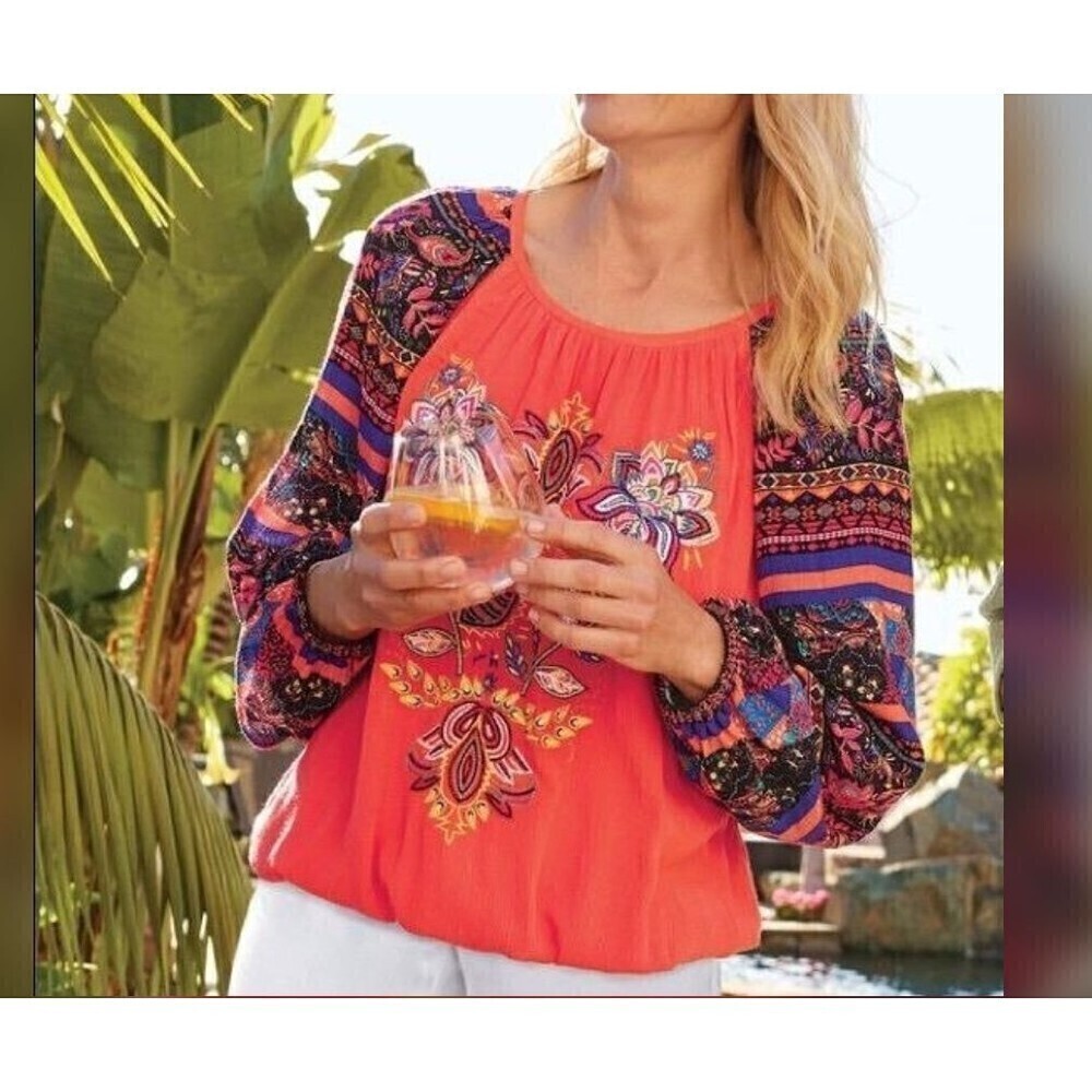 Soft Surroundings Women's Peasant Top Blame Rio Embroidered Mixed Print Size XS